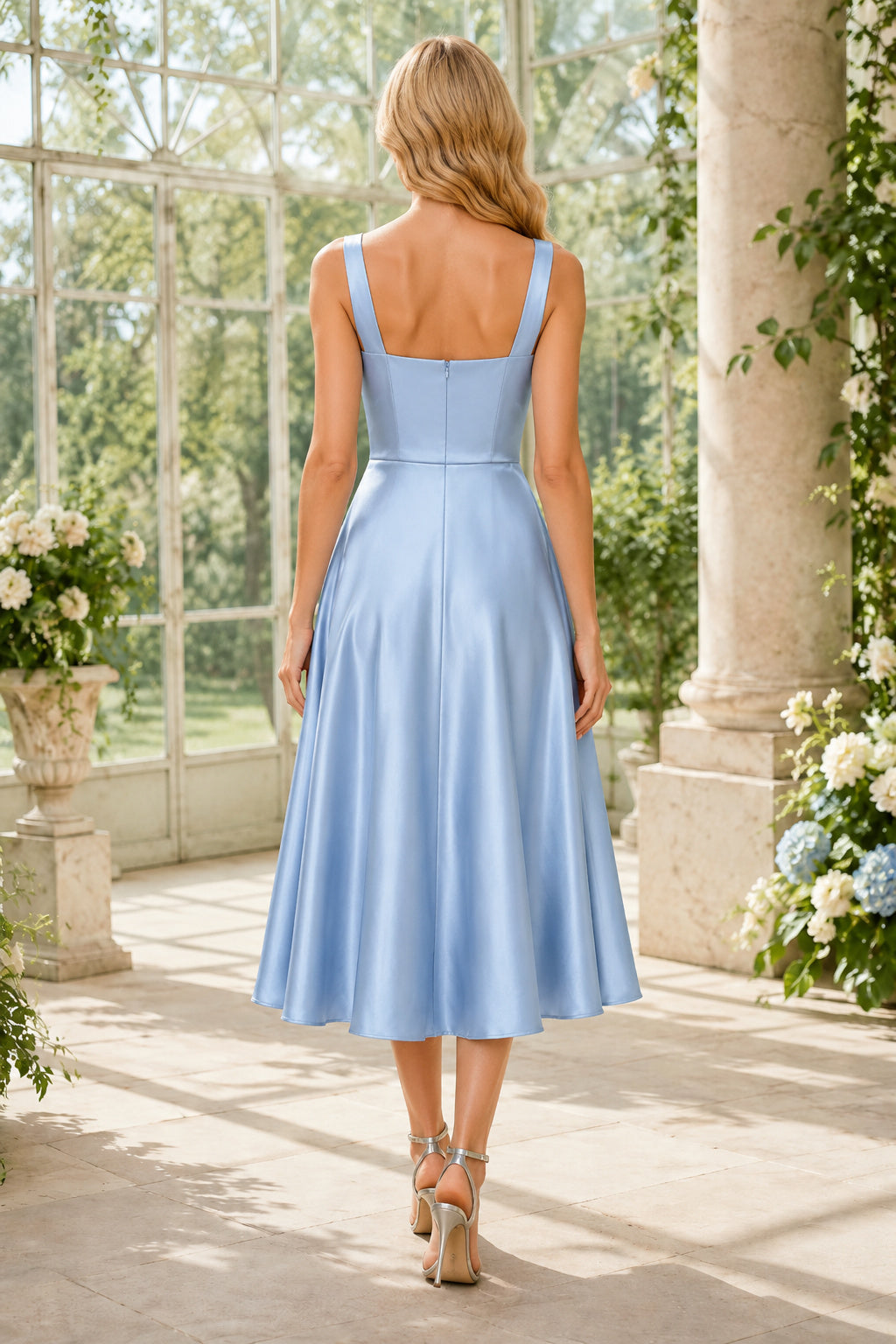 Sky Blue Luxury Satin Cocktail Sheath Dress back view