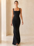 Black Square Neck Minimalist Column Formal Dress front view