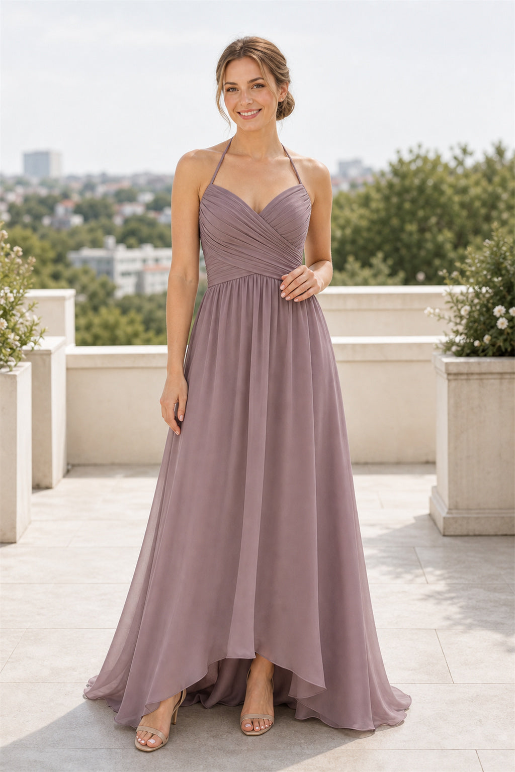 Spaghetti Strap A-Line Chiffon High-Low Dress With Ruched Bodice
