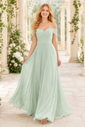 Mint Green Off-the-Shoulder Chiffon A-Line Bridesmaid Dress with Floor Skirt front view
