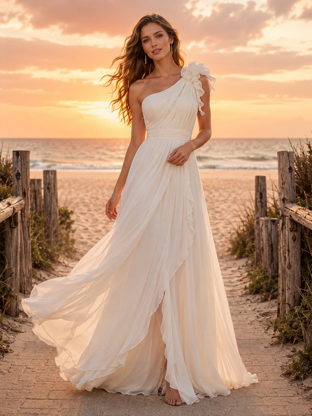 One Shoulder Draped Chiffon Beach Sunset Wedding Dress front view