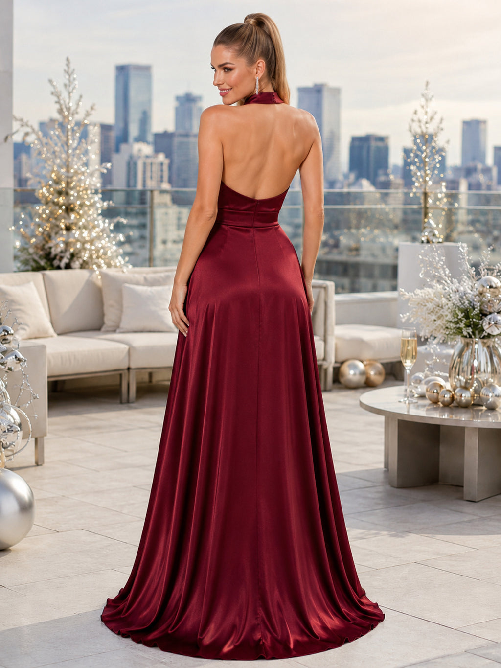 Burgundy Halter Neck Sleeveless Satin A-Line Floor Length Backless New Year Evening Dress back view