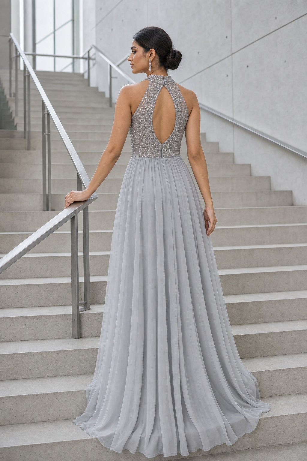 Silver Halter A-Line Chiffon Floor-Length Dress With Beaded Bodice