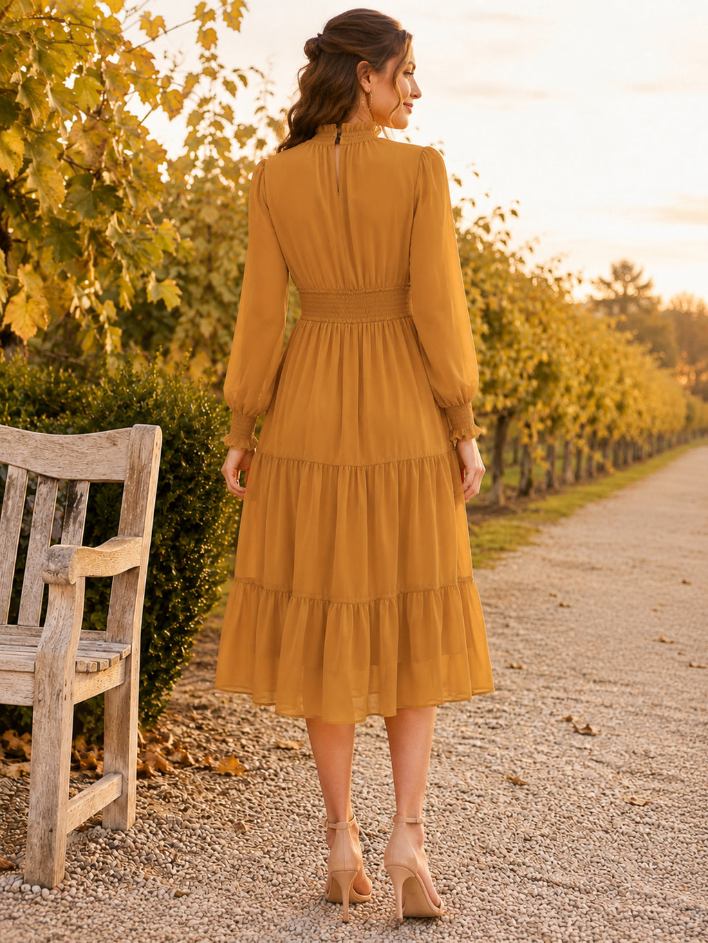 Gold Maternity High Neck Long Poet Sleeve Tiered Chiffon A-Line Tea-Length Dress back view