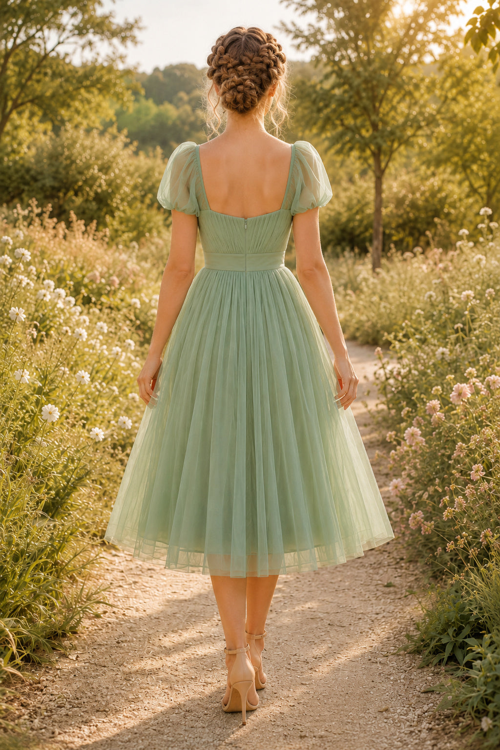 Sage Square Neck Puff Sleeve Smocked Bodice with Tulle Skirt Tea Length A-Line Homecoming Dress back view