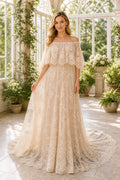 White Bateau Cap Sleeves A-Line Satin Floor-length Wedding Dress With Pleated Skirt and Layered Skirt and Open Back