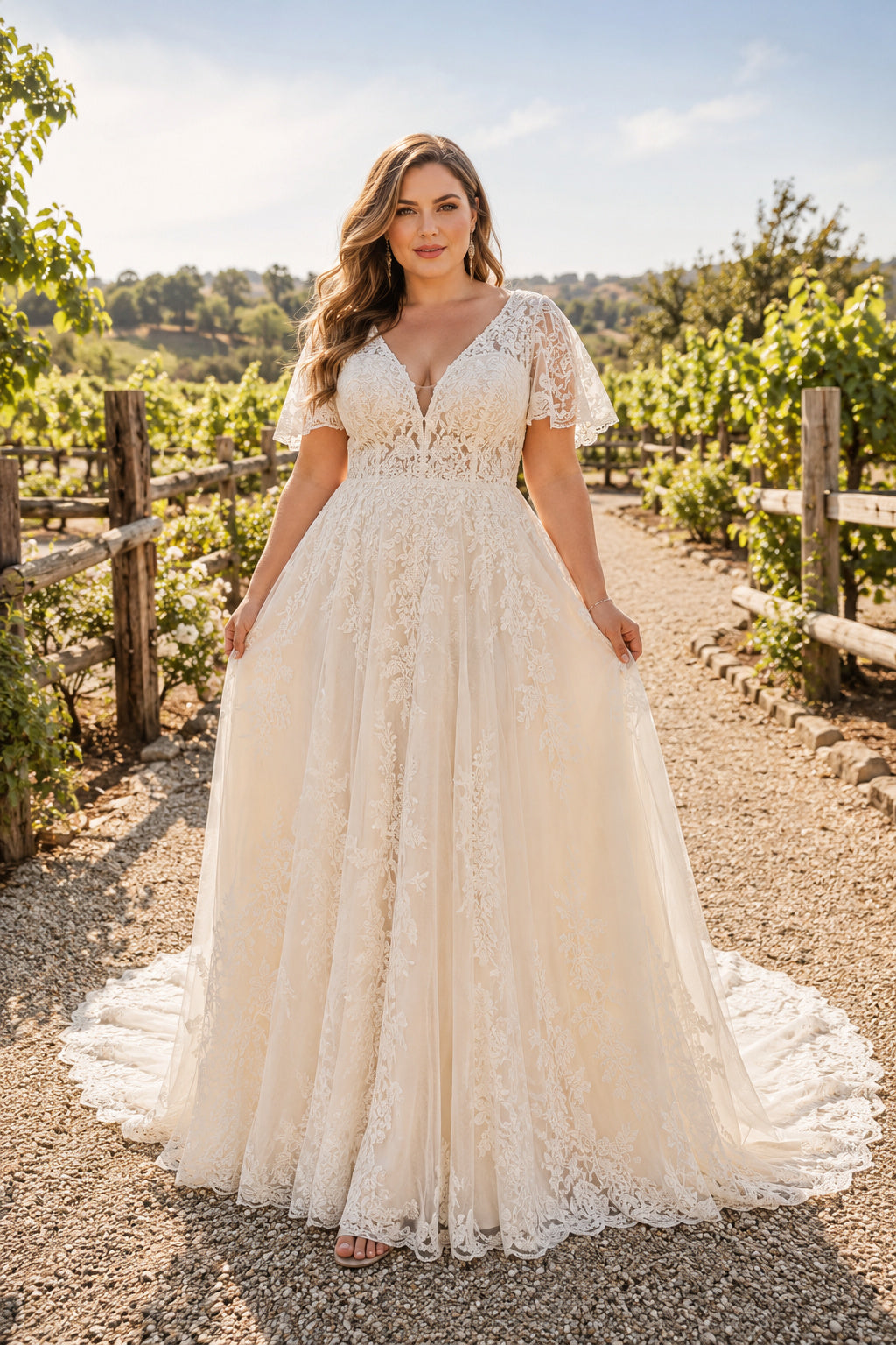 Ivory Plus Size V-Neck Lace A-Line Wedding Dress with Flutter Sleeves and Scalloped Train Style MG_700555 front view