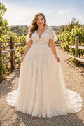 Ivory Plus Size V-Neck Lace A-Line Wedding Dress with Flutter Sleeves and Scalloped Train Style MG_700555 front view