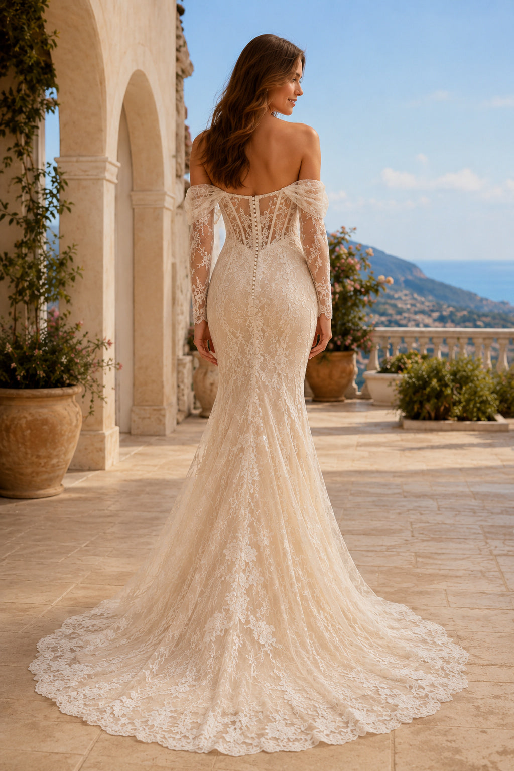 Champagne Sexy Off-the-Shoulder Mermaid Champagne Lace Wedding Dress with Detached Long Lace Sleeves and Chapel Train Style M