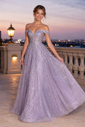 Lavender Glitter Off-the-Shoulder Ball Gown with Full Tulle Skirt front view