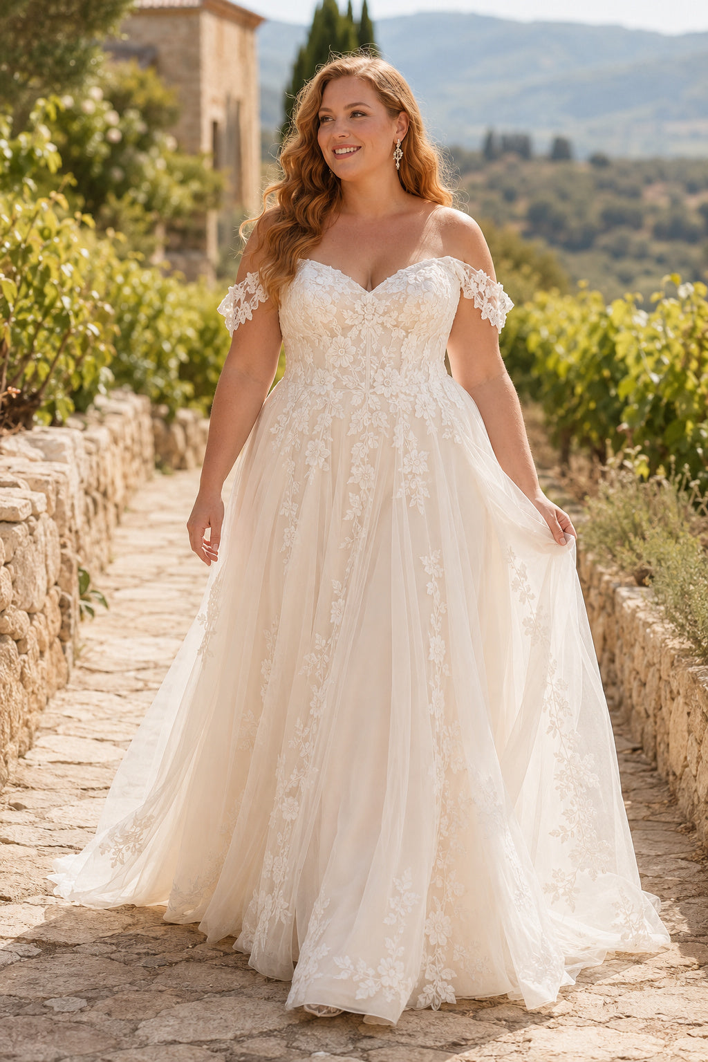 Plus Size Off-the-Shoulder Lace A-Line Wedding Dress with Tulle Skirt front view