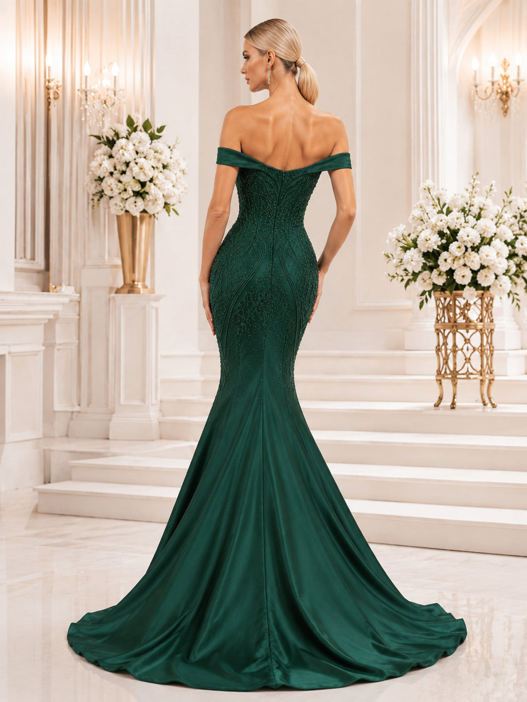 Dark Green Sequined Feria Gala Mermaid Floor Length Off Shoulder Train Gown back view