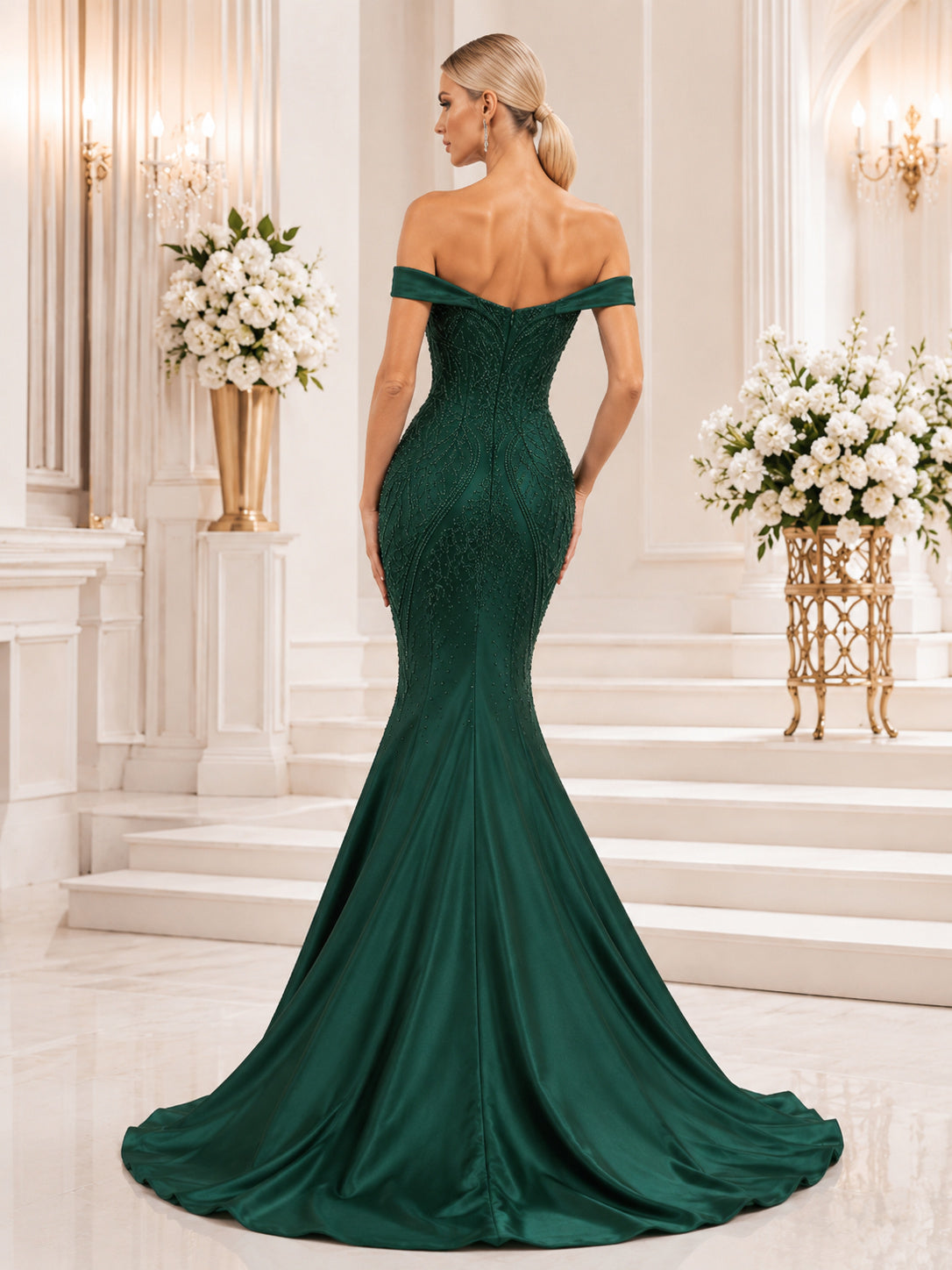 Dark Green Sequined Feria Gala Mermaid Floor Length Off Shoulder Train Gown back view