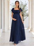 Dark Navy Maternity Square Neck Flutter Sleeve Empire Chiffon Floor Length Dress front view