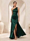 Dark Green One Shoulder Ruched Satin Slit Gown front view