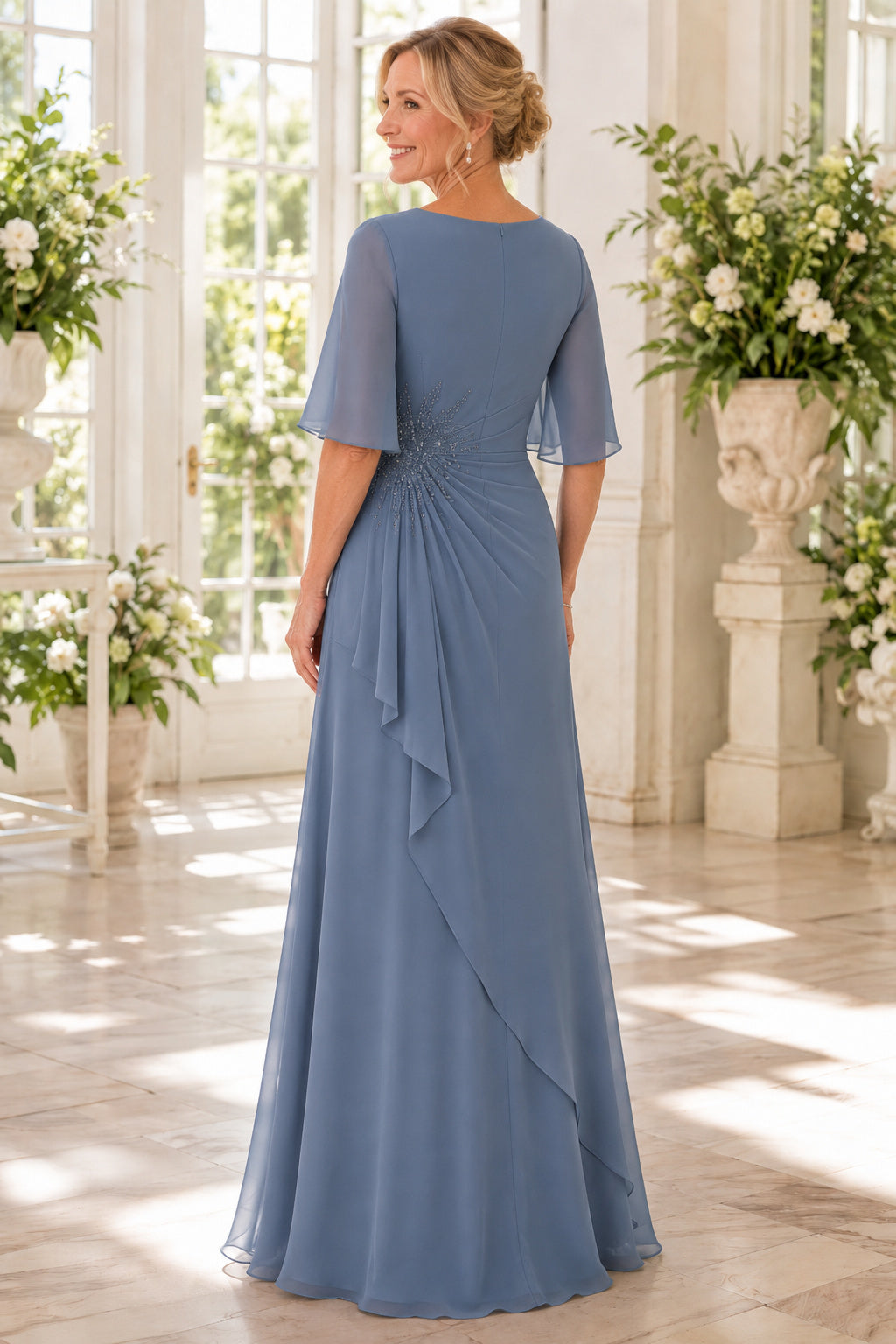 Steel Blue Bateau A-Line Mother Dress with Flutter Sleeves and Cascading Drape for Evening Reception back view