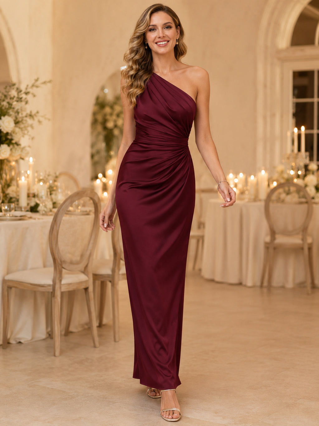 Burgundy One Shoulder Ruched Satin Sheath Ankle Guest Dress front view