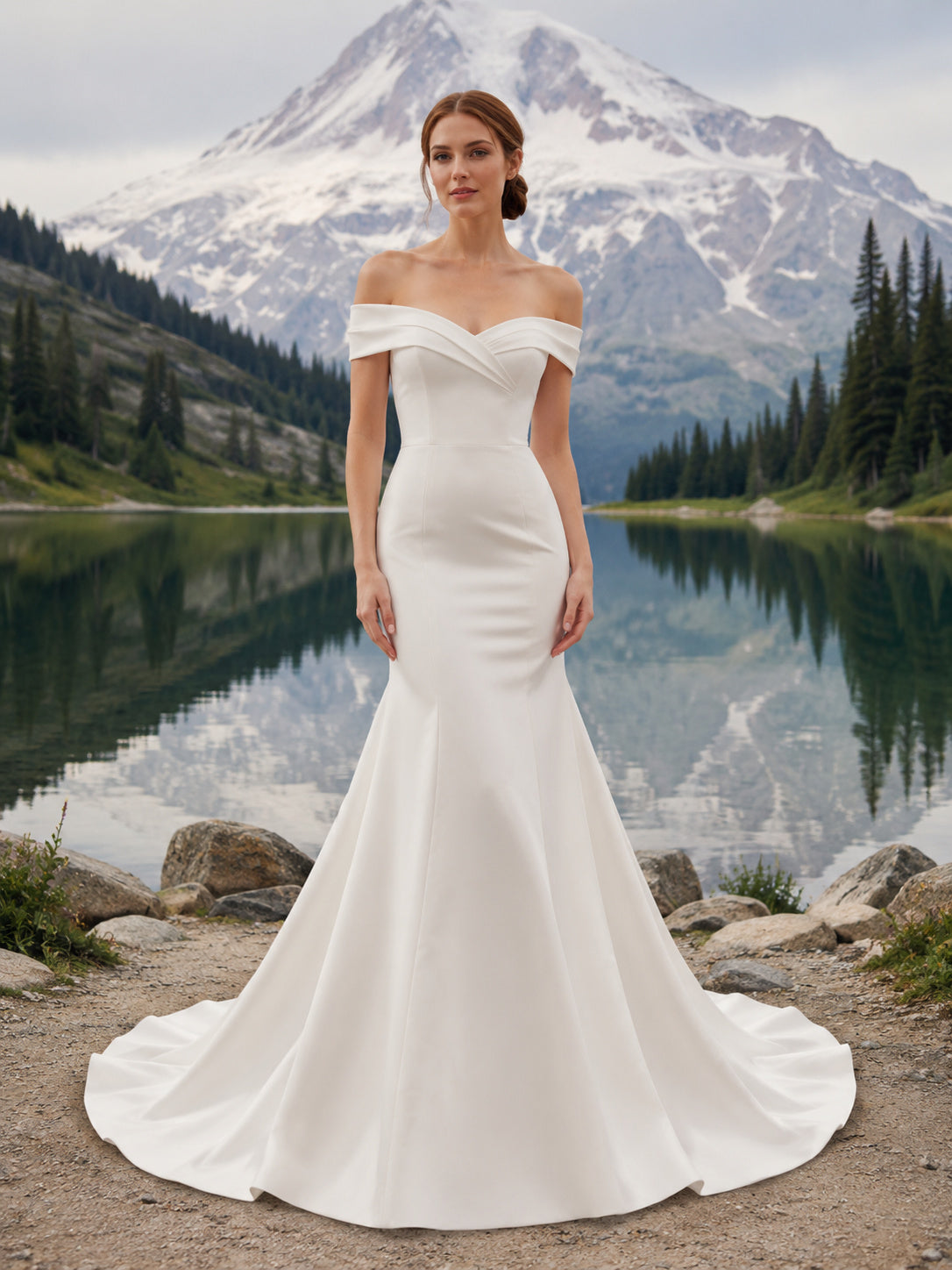 Off Shoulder Draped Satin Mermaid Court Train Minimal Mountain Wedding Gown front view