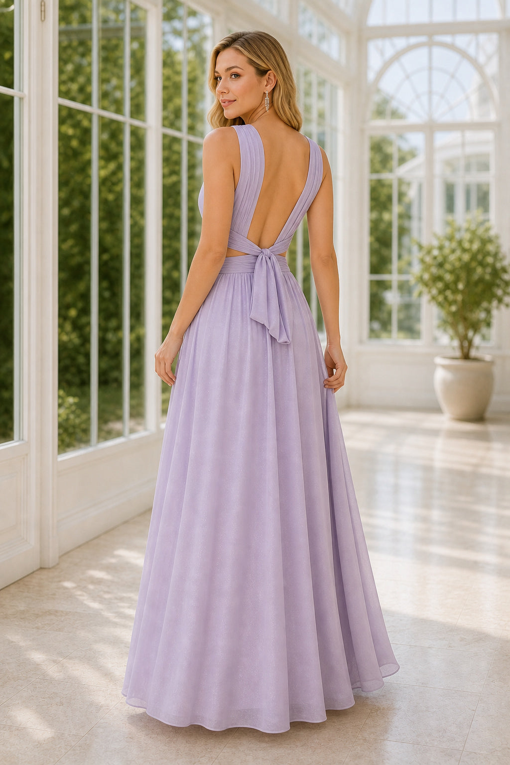 Lavender V-neck Sleeveless A-Line Chiffon Floor-Length Dress With Back Bow