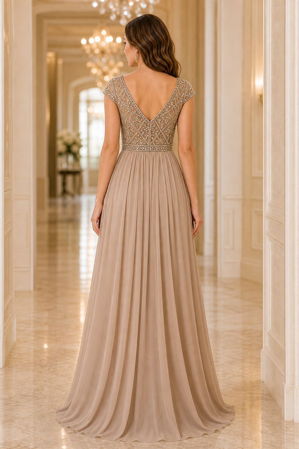 Champagne V-neck Cap Sleeve A-Line Chiffon Floor-Length Dress With Beaded Bodice