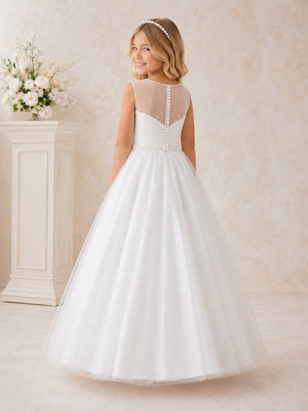 White Pearl Tulle Jewel Neck Sleeveless Pearl Waist Floor Length Communion Flowergirl Dress back view