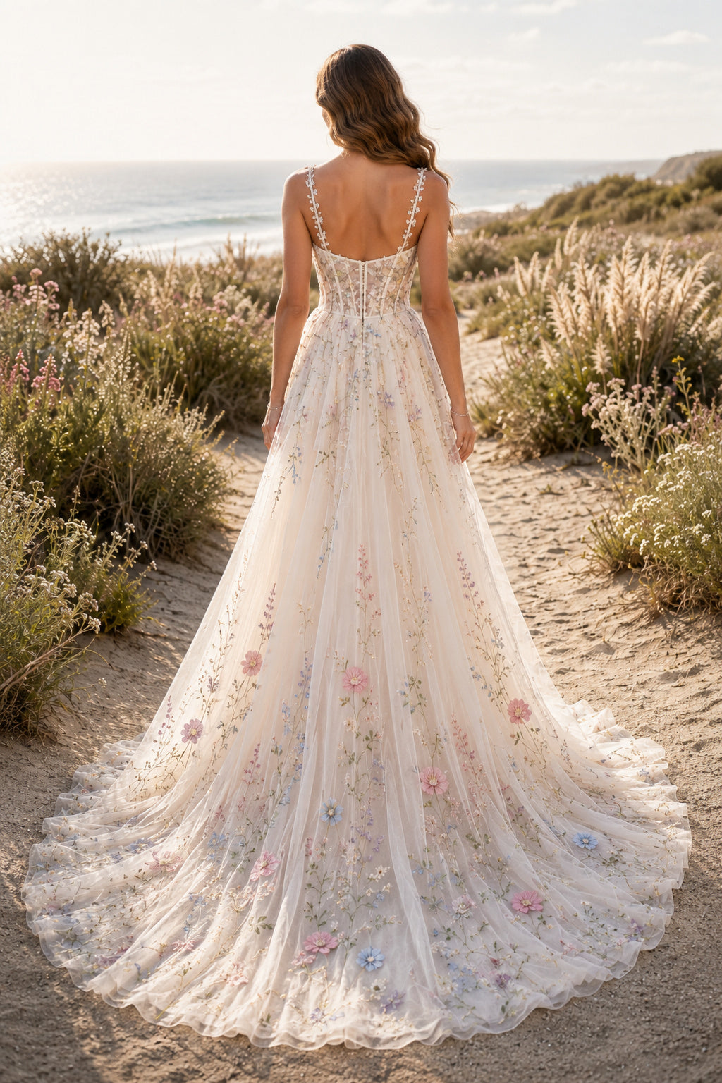Ivory Spaghetti Strap Floral Embroidered A-Line Wedding Dress with Low Back back view