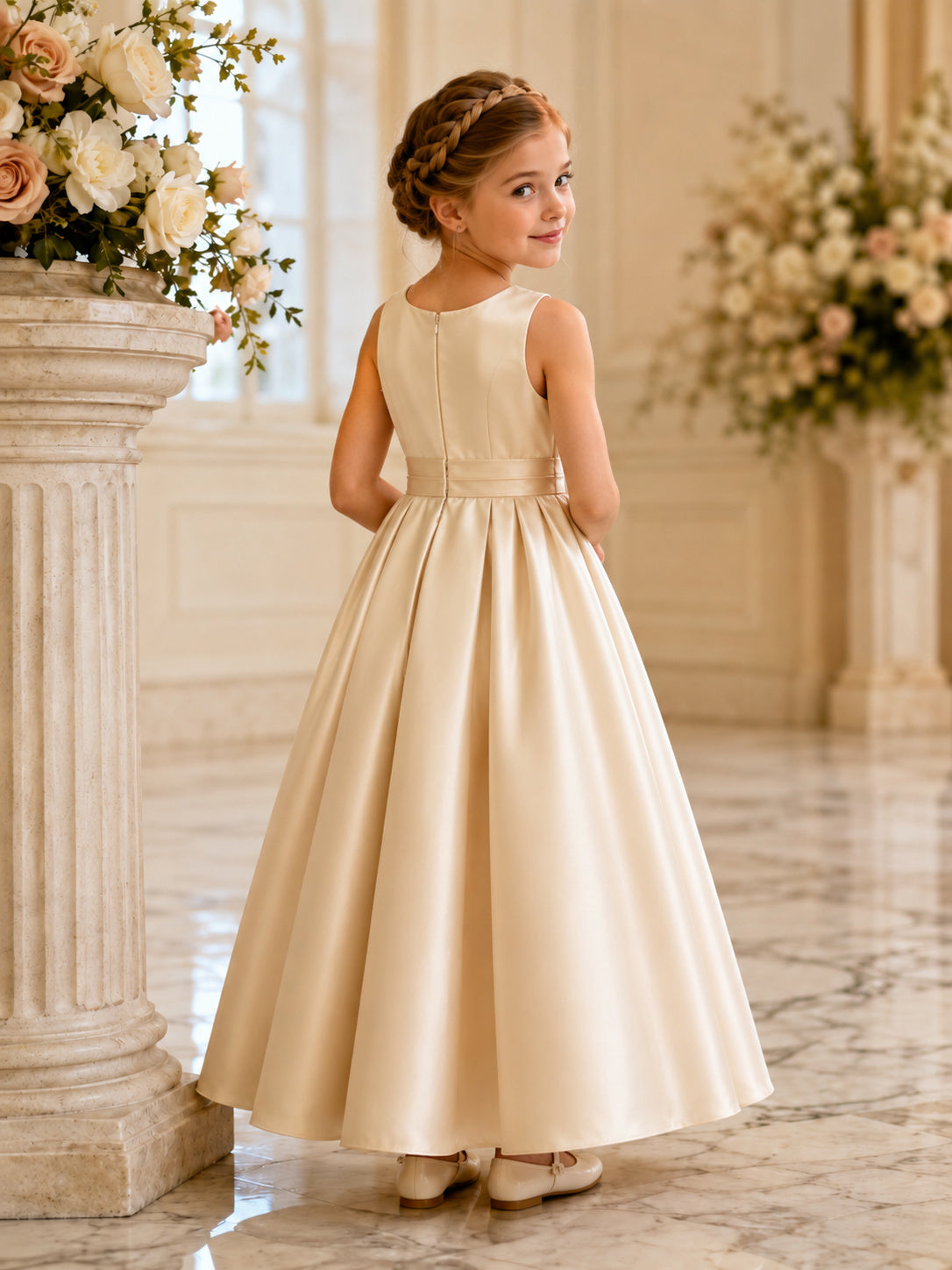 Classic Princess Ankle-Length A-Line Satin Scoop Neck Pleated Elegant Flower Girl Dress back view