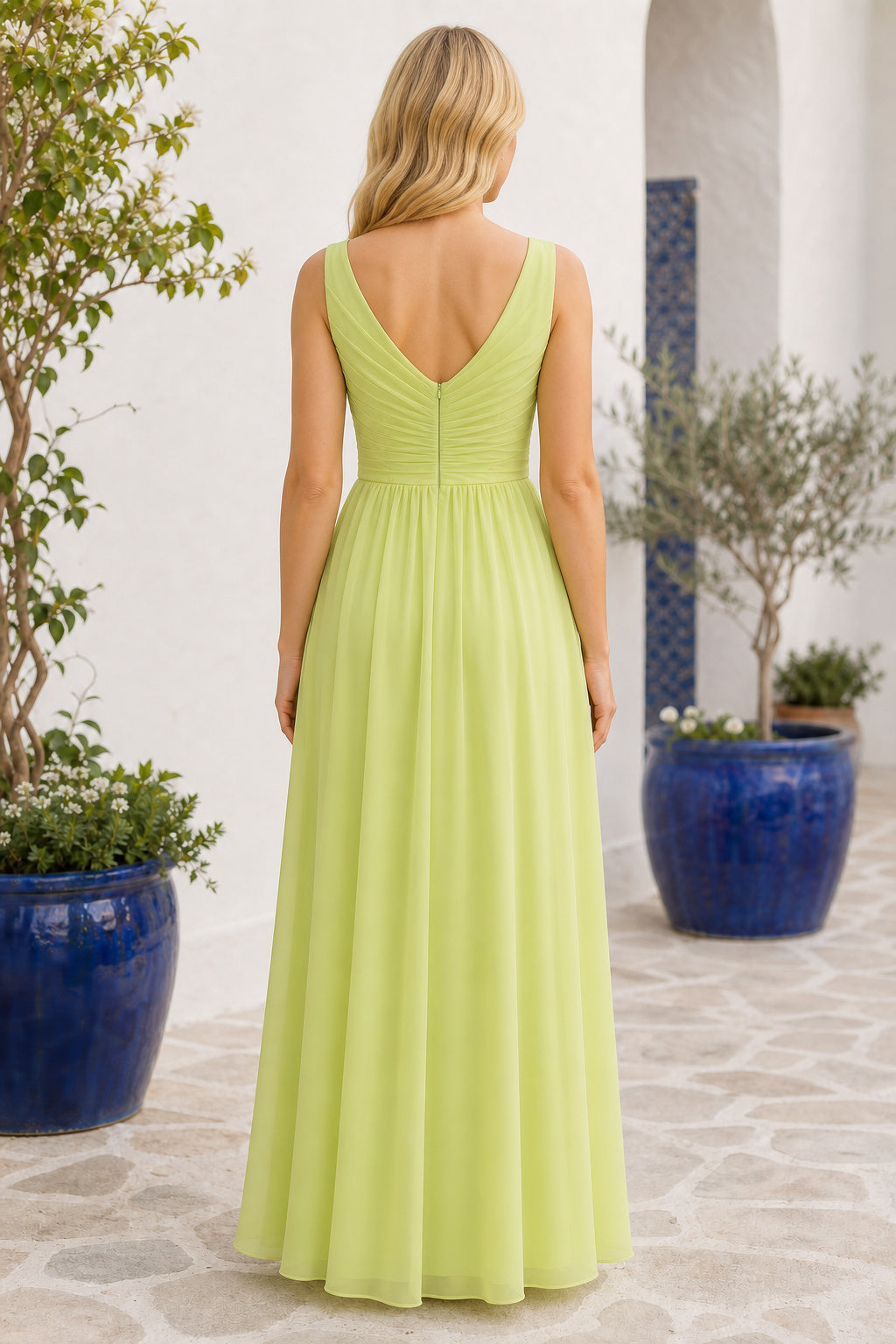 Lime V-neck Sleeveless A-Line Chiffon Floor-Length Dress With Pleated Bodice