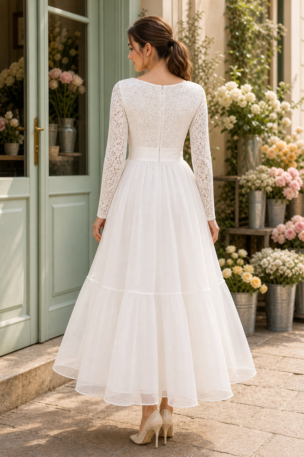 White Bateau Long Sleeves A-Line Tulle, Lace Tea-length Dress With Lace and Tiered Skirt
