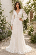 Long Sleeve V-Neck A-Line Wedding Dress with Lace Overlay and Soft Sweep Train for Beach Garden Ceremony front view