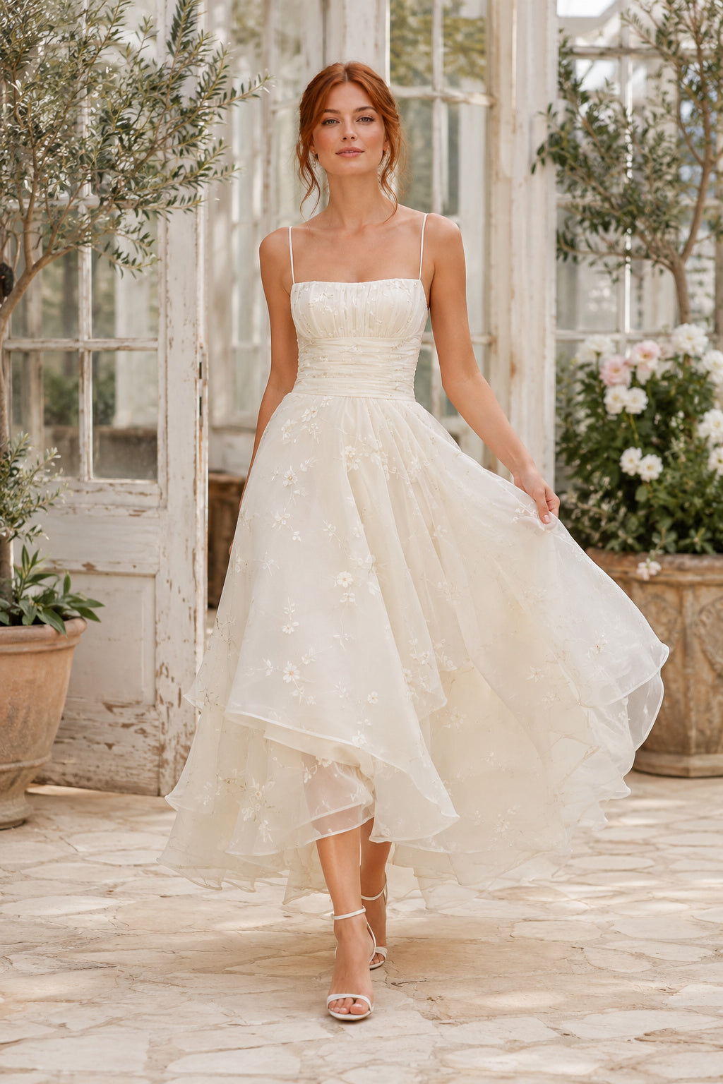 Ivory Square Spaghetti Strap Sleeveless Organza Tulle Tea-Length Wedding Dress with Layered Tulle Skirt and Spaghetti Straps