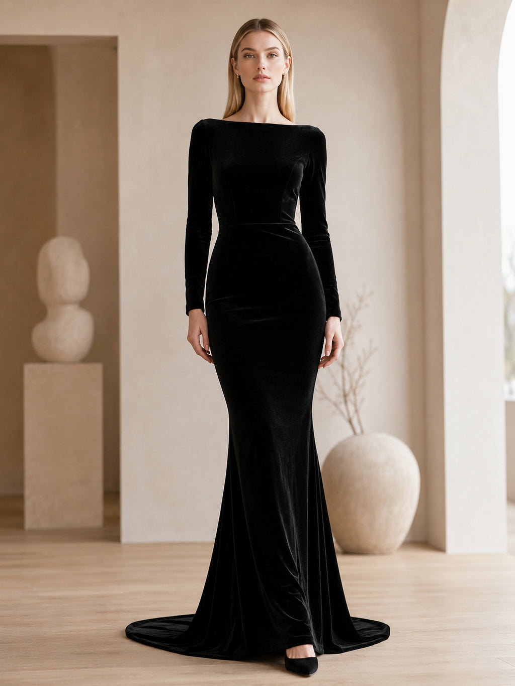 Black Bateau Long Sleeve Velvet Sheath Mermaid Simple Wedding Gown front view