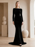 Black Bateau Long Sleeve Velvet Sheath Mermaid Simple Wedding Gown front view