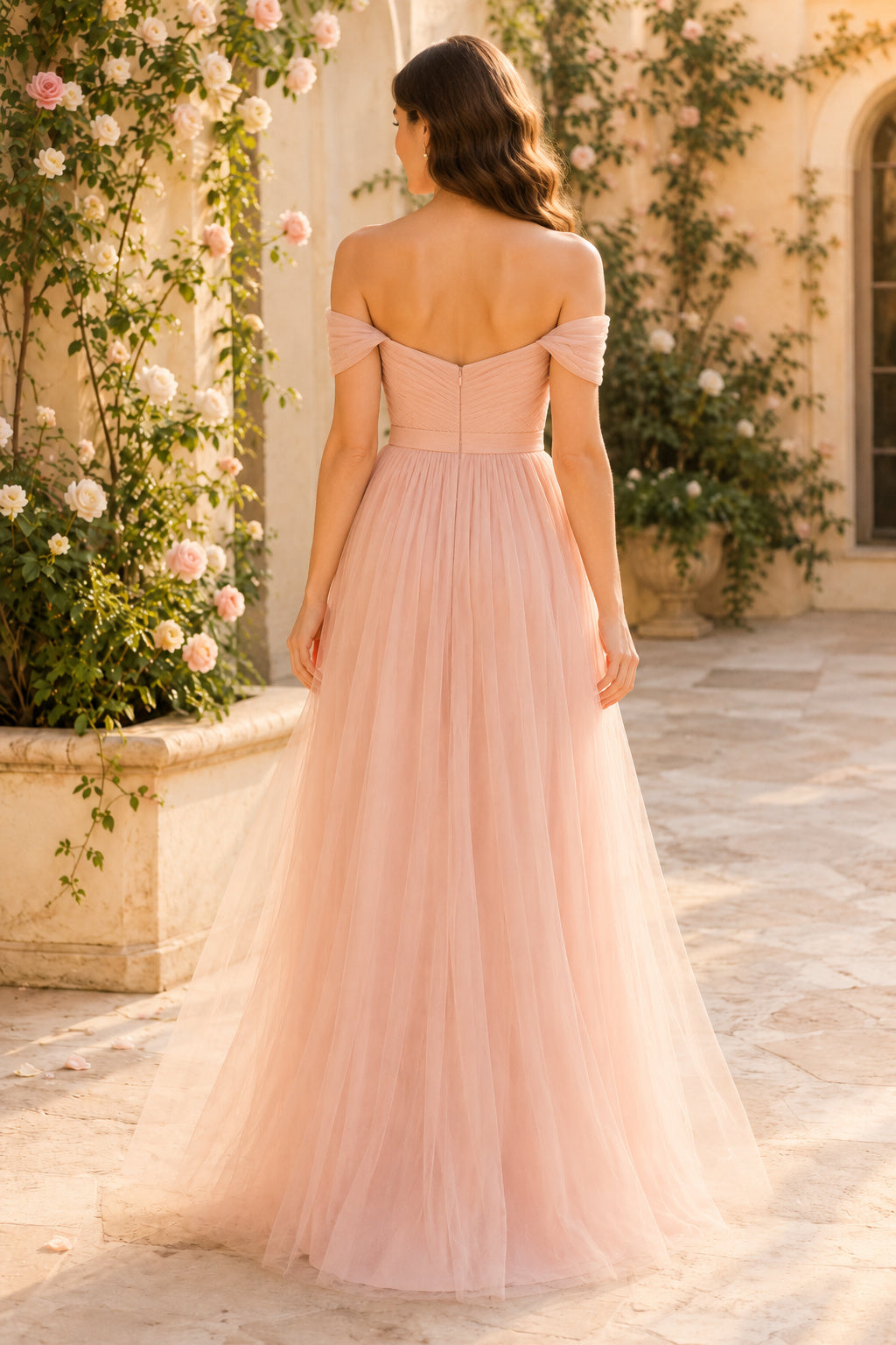 Blush Off-the-Shoulder Tulle A-Line Bridesmaid Dress with Sweetheart Neckline back view