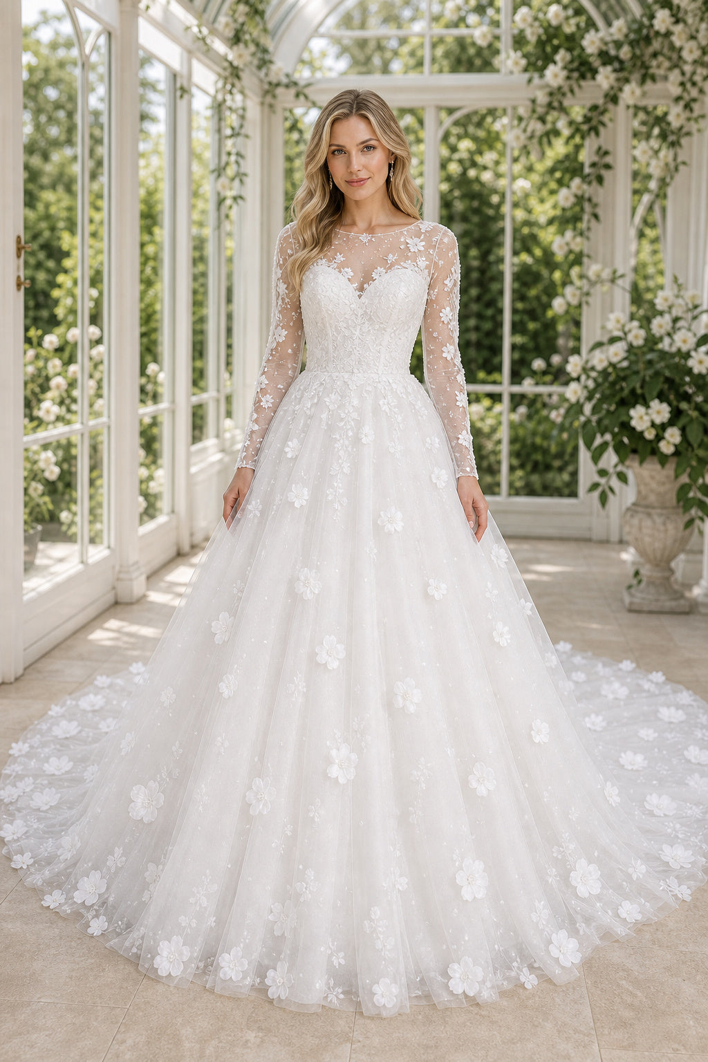 Ivory Bateau Short Sleeves Ball Gown Tulle Floor-length Wedding Dress With Floral Appliques and Front Slit and Open Back