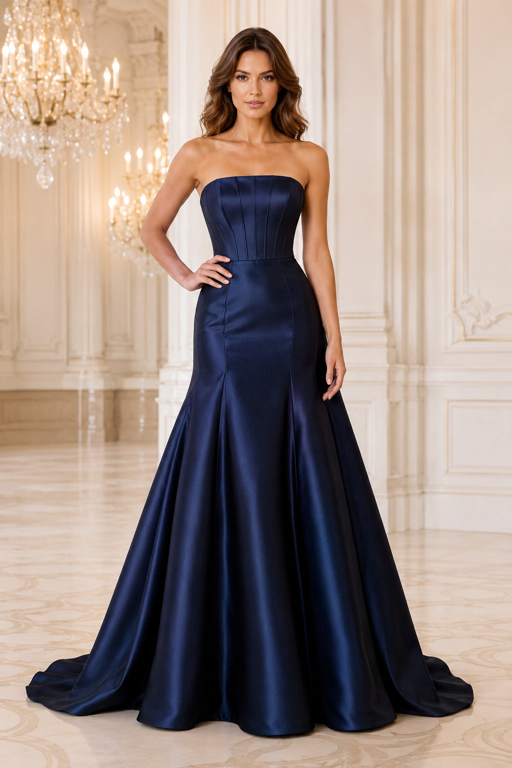 Dark Navy Strapless Satin Ball Gown Formal Dress with Sweep Train front view