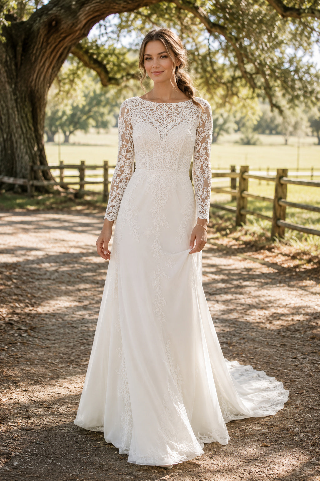 High Neck Long Sleeve Sheath Wedding Dress with Lace Bodice and Soft Sweep Train front view