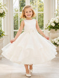 Elegant Flower Girl A-Line Organza Tulle Jewel Neck Sleeveless Floral Tiered Party Dress front view