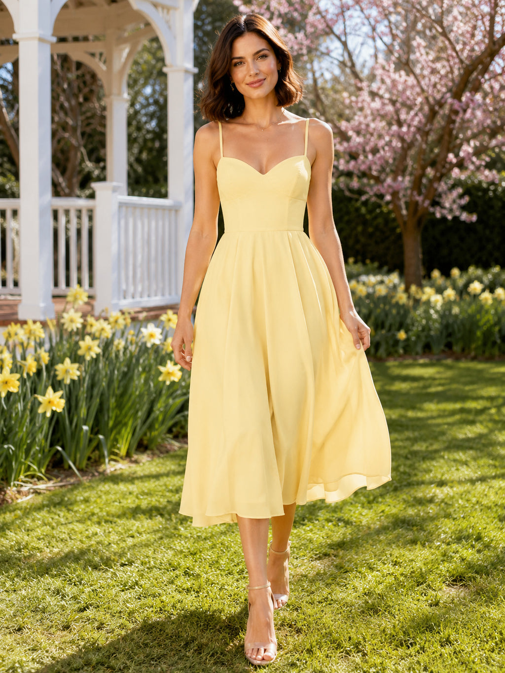 Pastel Yellow Sweetheart Strap A Line Tea Length Dress front view