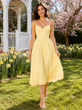 Pastel Yellow Sweetheart Strap A Line Tea Length Dress front view