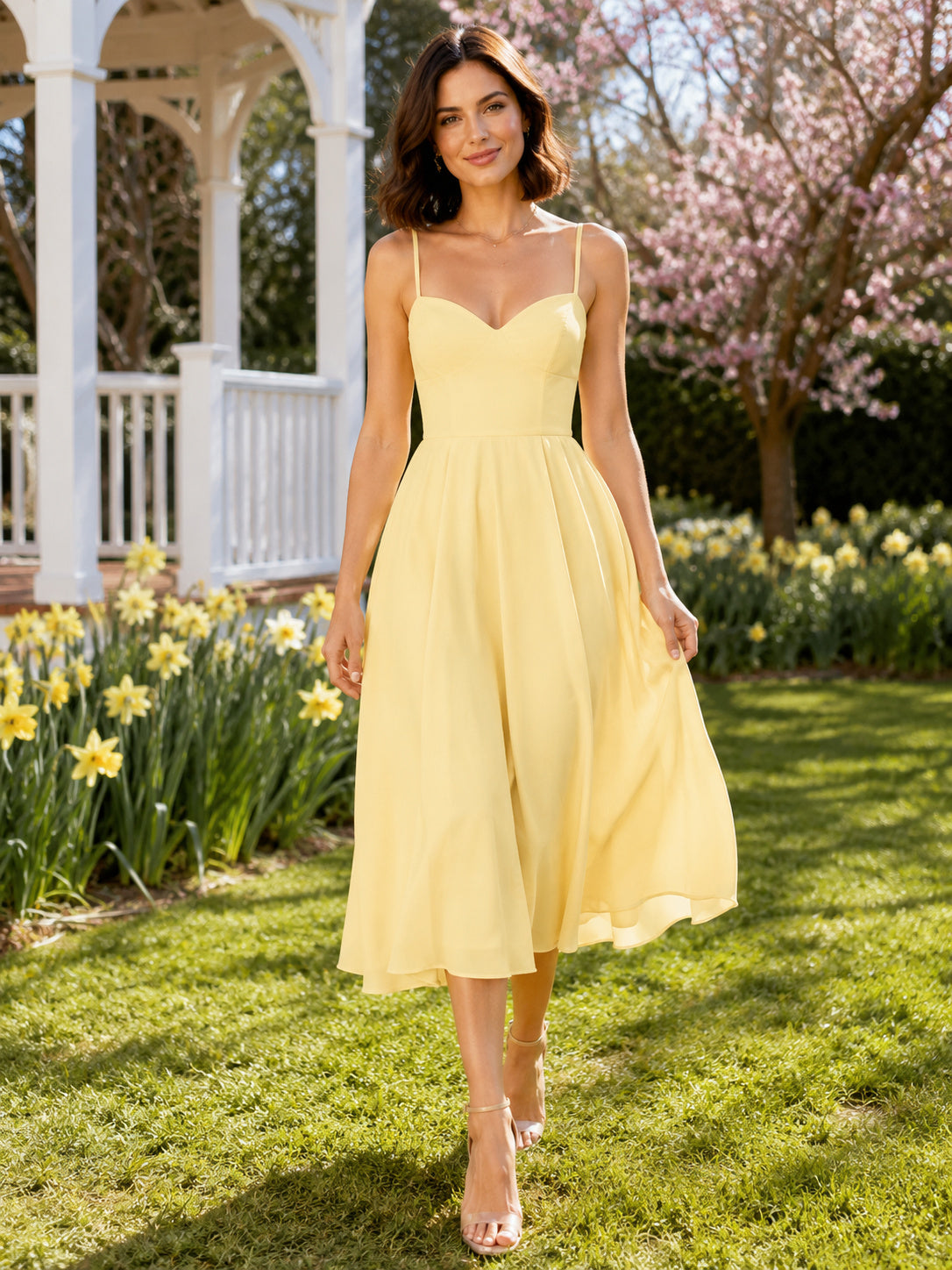 Pastel Yellow Sweetheart Strap A Line Tea Length Dress front view