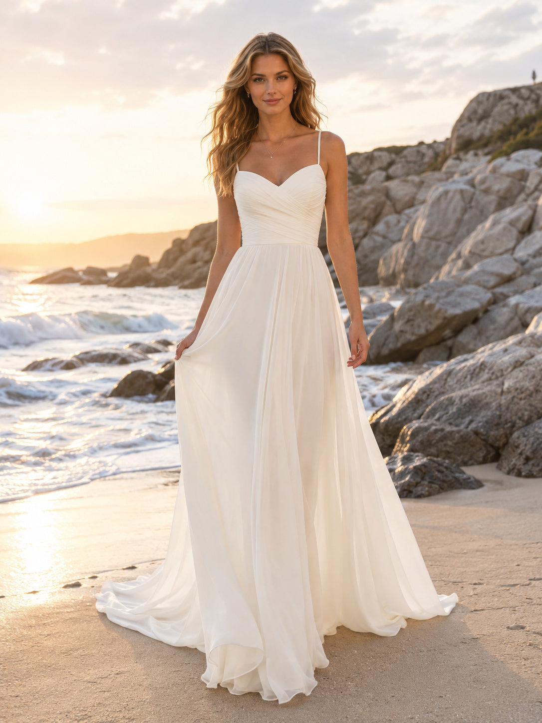Spaghetti Strap Tulle Rocky Shoreline Elopement A Line Gown front view