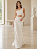 One Shoulder Crepe Crop Top Column Gallery Bridal Set front view