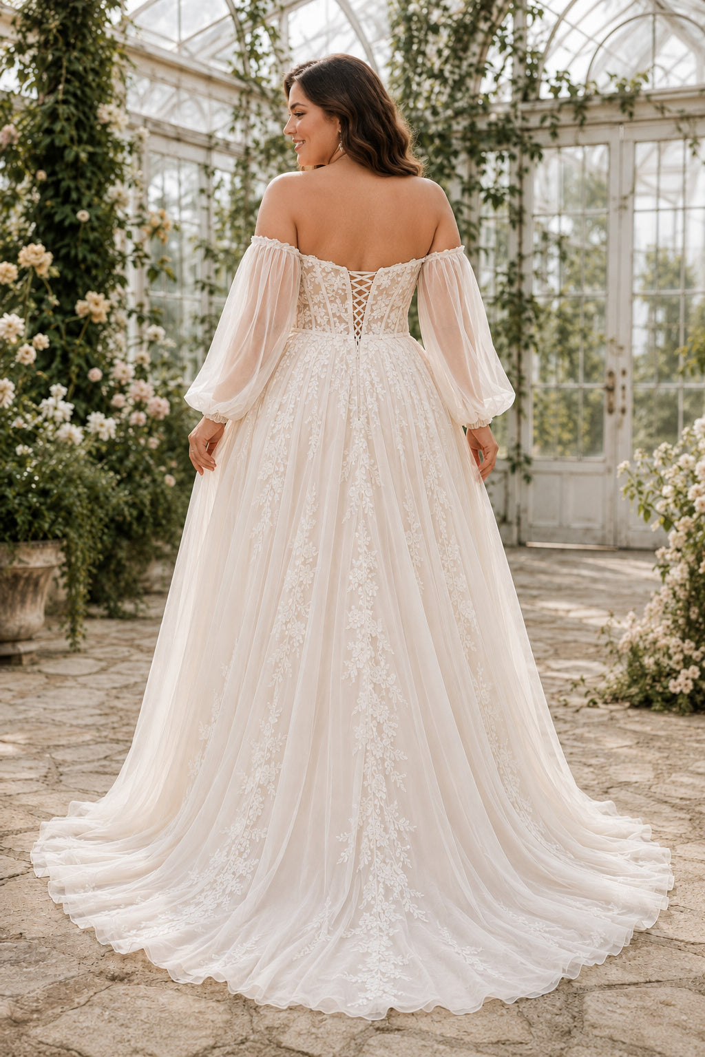 Ivory Plus Size Off-the-Shoulder Lace A-Line Wedding Dress with Long Sleeves and Slit back view