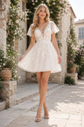 Ivory Cap Sleeve V-Neck Lace Tulle Mini Wedding Reception Dress for Wedding Reception and Party front view