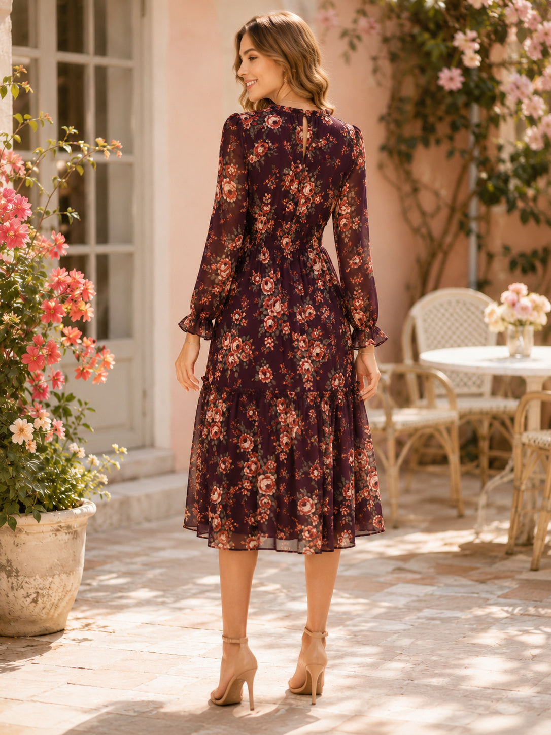 Burgundy Dark Floral Jewel Neck Long Sleeve Midi Dress back view