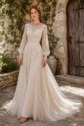 Ivory Romantic Bateau Neck A-Line Lace Tulle Wedding Dress with Long Poet Sleeves and Chapel Train front view
