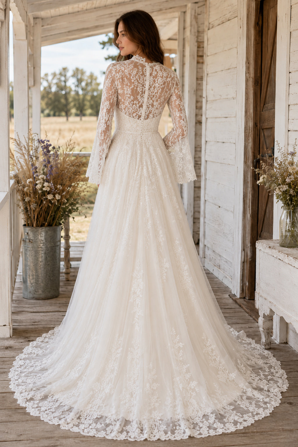 Ivory High Neck Long Sleeve Lace A-Line Wedding Dress with Illusion Bodice and Train back view