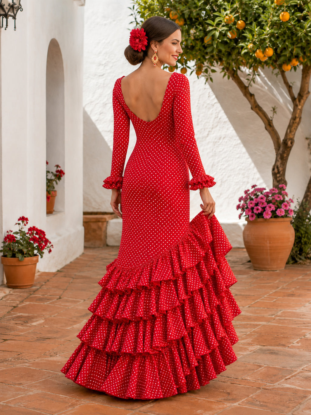 Red Polka Dot Long Ruffle Sleeve Tiered Mermaid Floor Flamenca Canastero Dress back view
