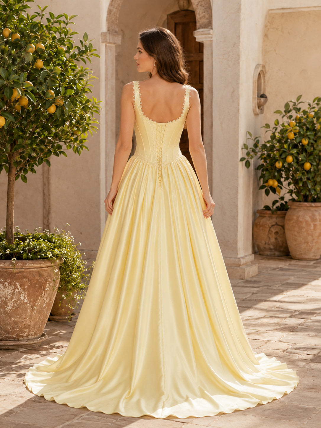 Daffodil Yellow Spaghetti Strap Satin Basque Corset A-Line Chapel Wedding Dress back view